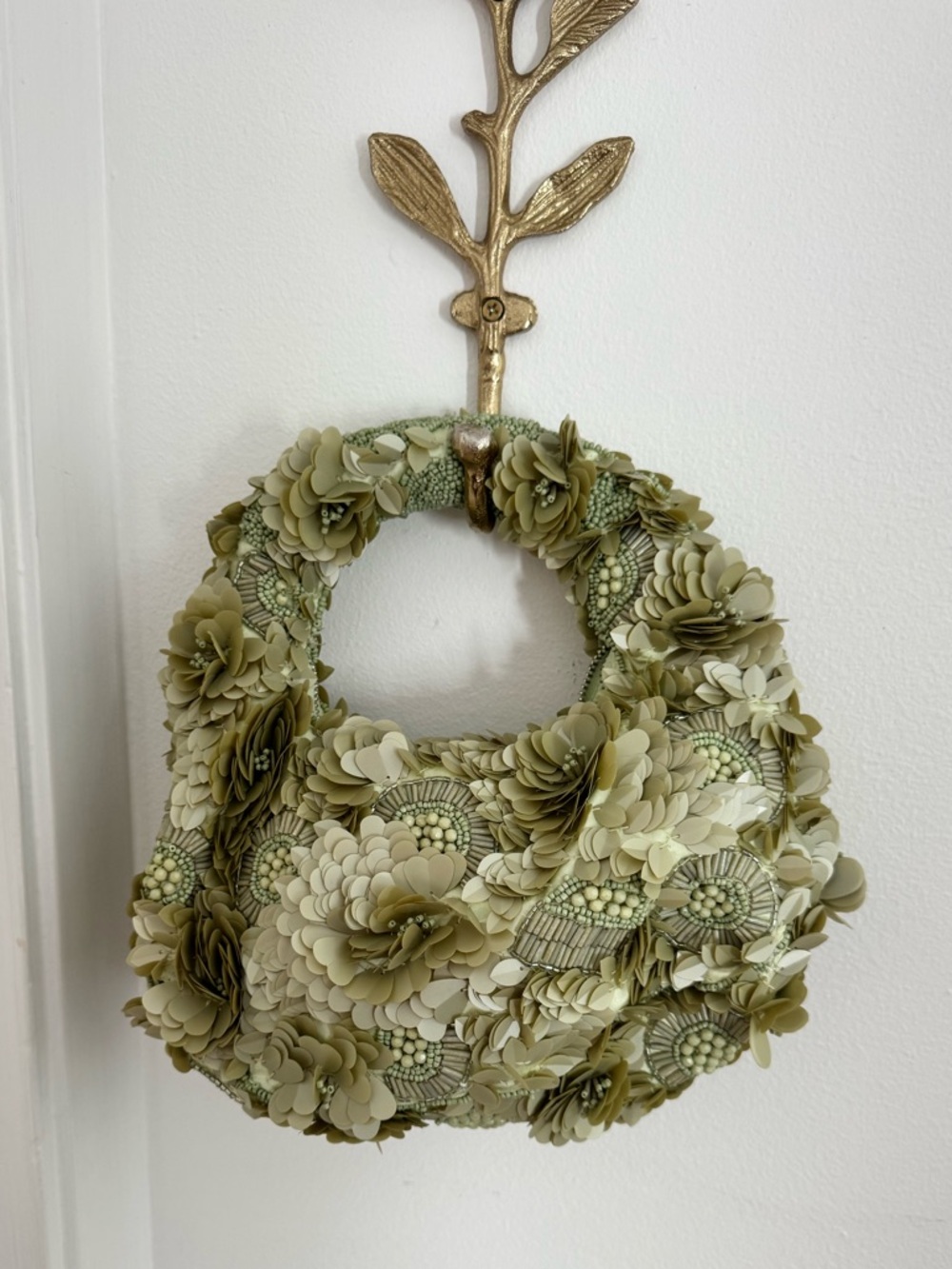 Beaded Floral Appliqué Green Women's Handbag